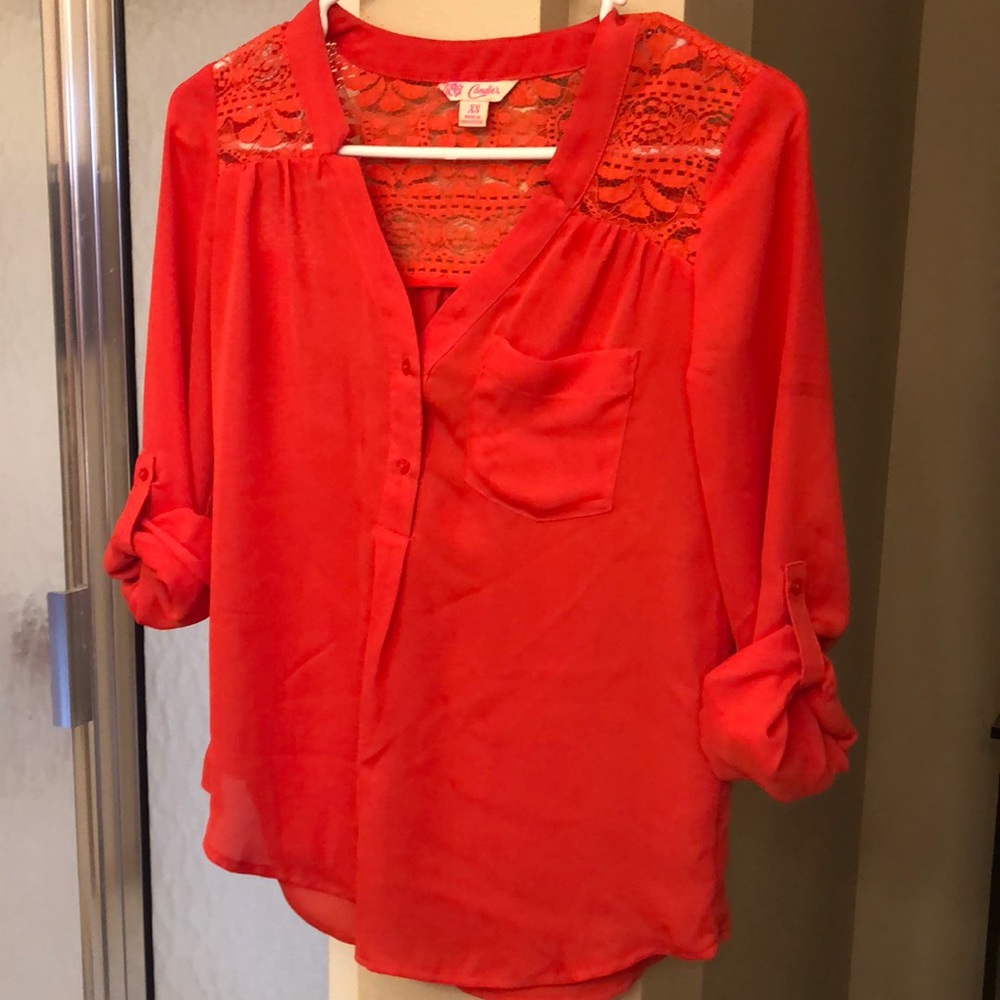 Coral silky long dress shirt or 3/4 sleeve top.